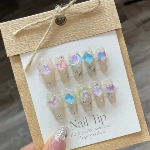 Uñas Postizas Hechas a Mano Ataúd Largo Sueño Rosa Translúcido Aurora Mariposa Estrella Strass Lujo Uñas Postizas Reutilizables Mujer