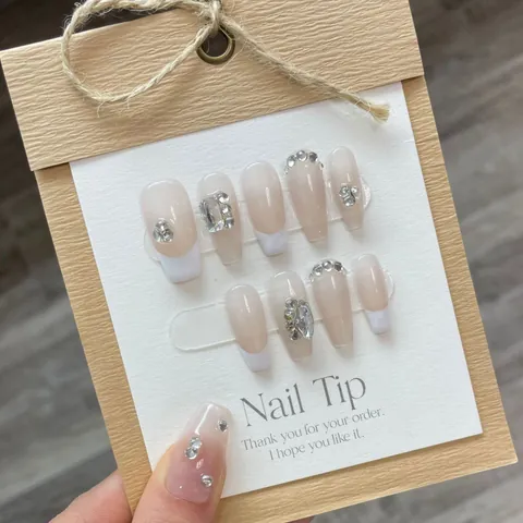Handmade Press On Nails French Tip Nude Gradient Long Coffin False Nails With Rhinestones Elegant Manicure For Women