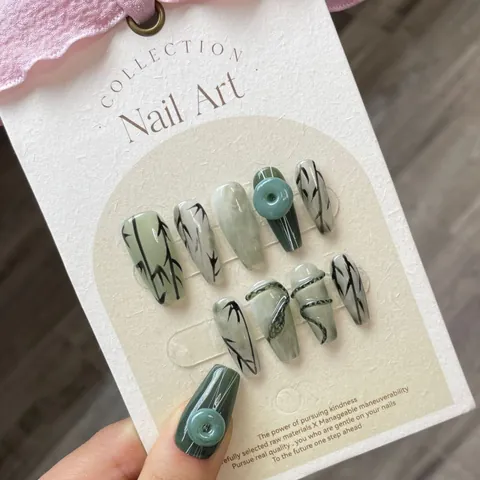 Handmade New Chinese Style Press On Nails Green Marble Bamboo Pattern With 3D Snake Relief Long Trapezoid False Nails
