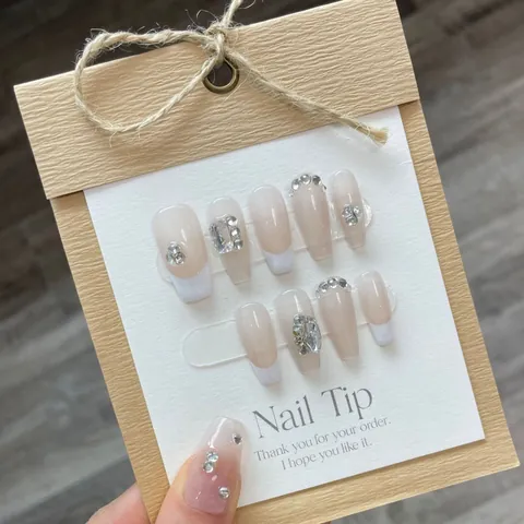 Handmade Press On Nails French Tip Nude Gradient Long Coffin False Nails With Rhinestones Elegant Manicure For Women