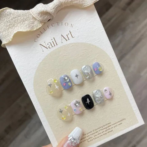 Handmade Star Ice Cream Sweet Cool Press On Nails Blue White Creamy Nails With Heart Star Decor Cat Eye Effect For Women Art