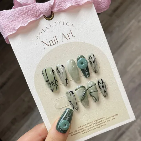 Handmade New Chinese Style Press On Nails Green Marble Bamboo Pattern With 3D Snake Relief Long Trapezoid False Nails