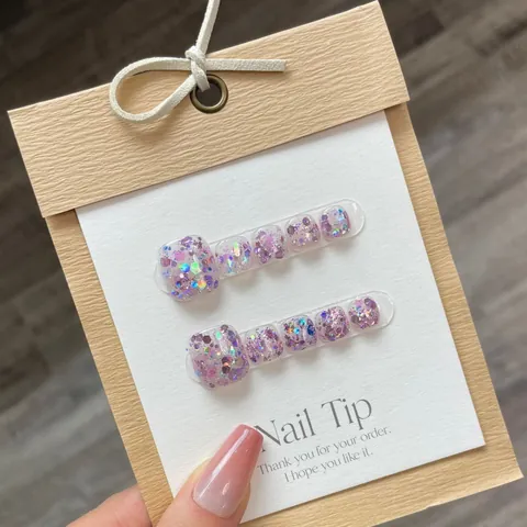 Faux Ongles Pieds Press-on Pailletés Fait Main Pour Femmes Été Mauve Paillettes Kit De Décoration Pieds Avec Outils