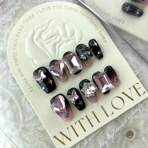 Uñas Postizas Hechas a Mano 3D con Strass Degradado Rosa Negro Corazón Mariposa Gótico Encaje Negro Cruz Perla Stiletto Uñas Postizas
