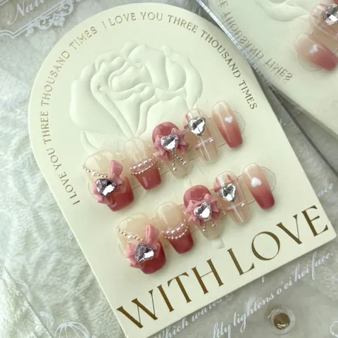 Handmade Pink Plaid Press On Nails With Bowknot Heart Rhinestone Coffin Fake Nails For Women Girls Decorative Manicure