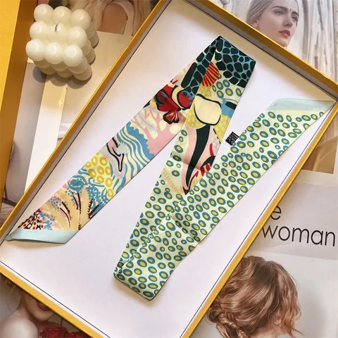 Women's Abstract Printed Satin Twilly Scarf Double Sided Long Skinny Scarf For Handbag Handle Wrap Hair Ribbon Neck Tie Elegant Accessory