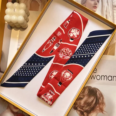 Damen Vintage Satin Schmal Twilly Schal Punktemuster Stern Druck Haarband Tasche Griff Band Stirnband Für Sommer Halstuch Zubehör