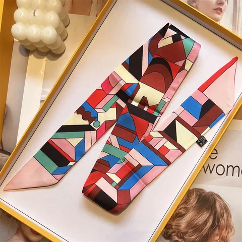 Orecchini a Bottone Donna Sciarpa Stretta in Raso con Motivo Geometrico Twilly per Manico Borsa Cravatta Capelli Gioielli