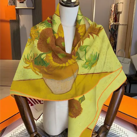 Vintage Oil Painting Sunflower Print Faux Cashmere Square Scarf Large Shawl Artistic Fashion Wrap For Women Daily Accessory