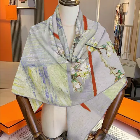 Vintage Artistic Van Gogh Oil Painting Almond Blossom Faux Cashmere Square Scarf Luxury Soft Warm Shawl For Women Fall Winter