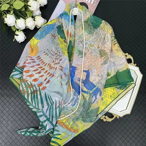 Korean Chiffon Sunscreen Shawl Large Square Scarf Jungle Animal Horse Print Elegant Artistic Head Wrap For Women