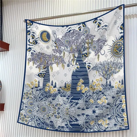 Pañuelo Cuadrado de Satén Retro para Mujer Estampado Sol Luna Estrella Baobab Chal Artístico Tacto Seda para Viajes