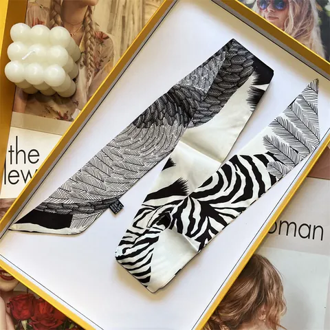 Mode Satin Twilly Schal Für Damen Klassisch Zebra Muster Feder Muster Schmal Lang Klein Seidenoptik Halstuch Tasche Zubehör