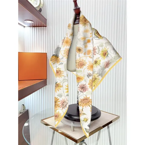 Women French Vintage Satin Large Square Scarf Sunflower Floral Print Chic Wrap Sunscreen Shawl Decorative Tube Top Scarf