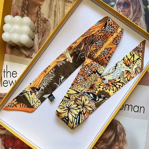 Vintage Bloemen Vogels Print Satijnen Sjaal Voor Dames Smalle Lint Haar Handtas Halsdoek Elegante Koreaanse Stijl Decoratieve Sjaal