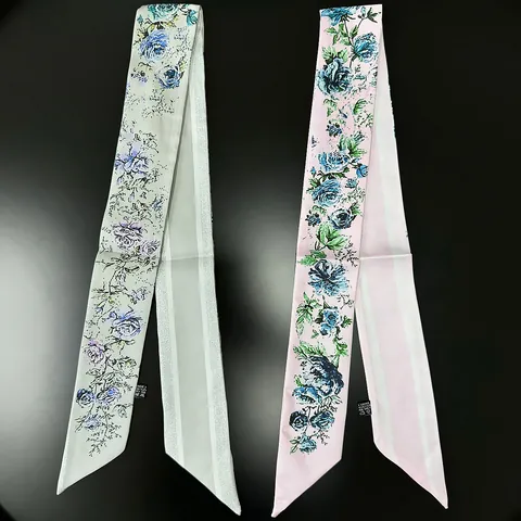Foulard Twilly Élégant en Satin Imprimé Rose et Rayures pour Femme Bandeau à Cheveux Fin Double Face Décoration de Sac à Main