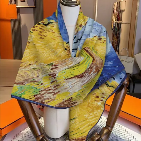 Van Gogh Wheatfield With Crows Oil Painting Large Square Scarf For Women Artistic Satin Shawl Elegant Wrap Accessoire