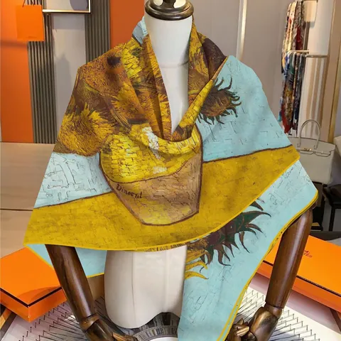 Van Gogh Sunflowers Oil Painting Print Large Square Scarf Women Imitation Cashmere Shawl Wrap Hand Rolled Edge Artistic Accessory