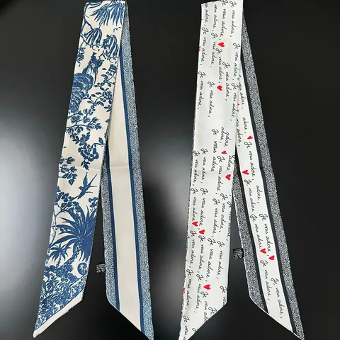 Women's French Satin Twilly Scarf Double Sided Plant Floral Heart Letter Print Long Silk-like Ribbon Handbag Decoration Neck Scarf