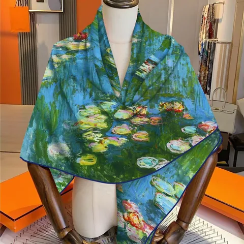 Femme Écharpe Impression Peinture à l'Huile Nymphéas de Monet Châle Luxe Imitation Cachemire Doux Grand Foulard Carré Chaud Enveloppement Voyage Bureau Quotidien