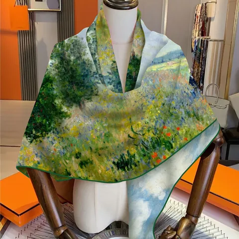 Sciarpa Pittura a Olio Impressionista Motivo Campo di Papaveri Grande Scialle Quadrato Effetto Cashmere Morbido Caldo Donna