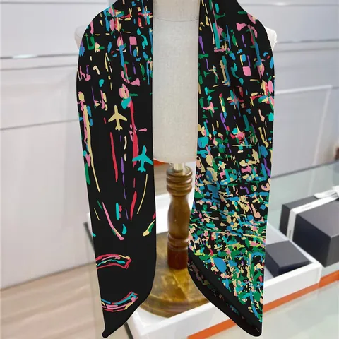 Women's 90cm Satin Square Scarf Airplane Abstract Graffiti Print Large Shawl Sunscreen Neck Scarf Head Scarf Turban Decor