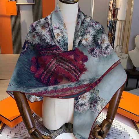 Monet Oil Painting Floral Print Square Scarf Satin Silk Like Large Shawl For Women Artistic Digital Print Decorative Scarf