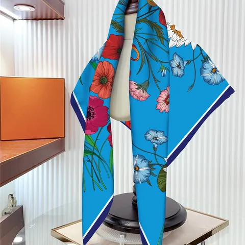 Women Vintage Watercolor Floral Print Satin Square Scarf Large Foulard Blue Botanical Flower Head Scarf Shawl Wrap Accessories
