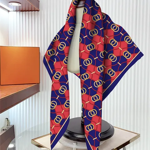 Women Vintage Satin Square Scarf Interlocking Ring Print Professional Neck Scarf Red Navy Blue Silky Decorative Scarf For Office Travel