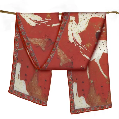 Women's Chinese Style Satin Scarf Red Dunhuang Mural Mythical Deer Print Shawl Lightweight Elegant Decorative Satin Wrap
