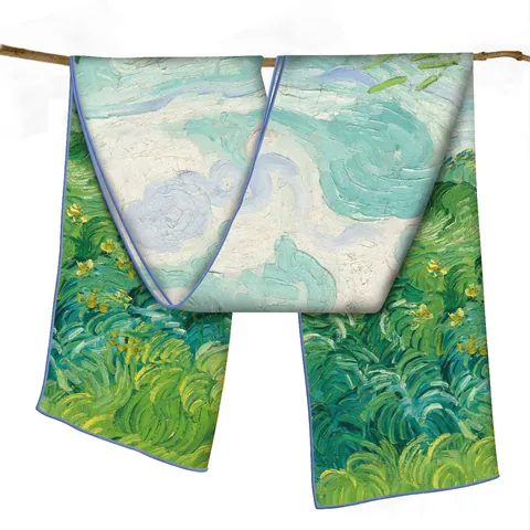 Bufanda Larga para Mujer Pintura al Óleo Campo de Trigo Verde Van Gogh Chal de Satén Envoltura Artística Ligera Accesorios de Moda Regalo