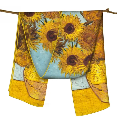 Women Artistic Van Gogh Sunflower Print Satin Scarf Elegant Long Wrap Shawl Vintage Oil Painting Style Fashion Accessory