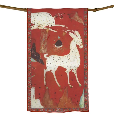 Women's Chinese Style Satin Scarf Red Dunhuang Mural Mythical Deer Print Shawl Lightweight Elegant Decorative Satin Wrap