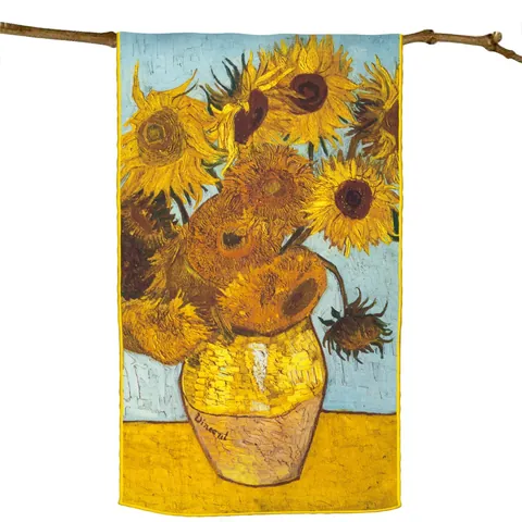 Women Artistic Van Gogh Sunflower Print Satin Scarf Elegant Long Wrap Shawl Vintage Oil Painting Style Fashion Accessory