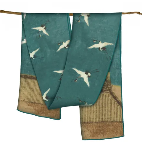 Women Satin Scarf Chinese Style Crane Pattern Shawl Deep Cyan Elegant Printed Silk Like Wrap For Lady Cheongsam Accessory