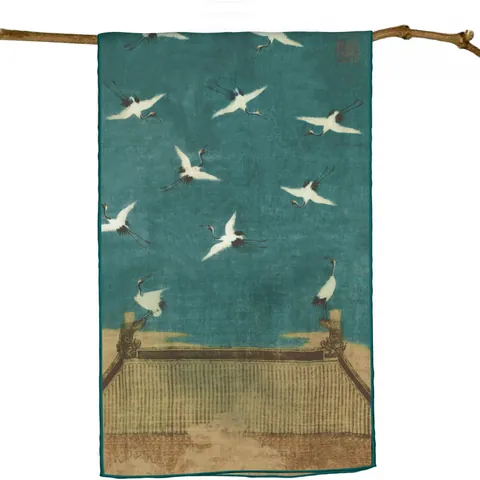 Women Satin Scarf Chinese Style Crane Pattern Shawl Deep Cyan Elegant Printed Silk Like Wrap For Lady Cheongsam Accessory
