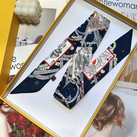 Women Poker Card Pattern Satin Scarf Small Rectangular Neck Tie Thin Silk Like Twilly Scarf For Fashion Decoration