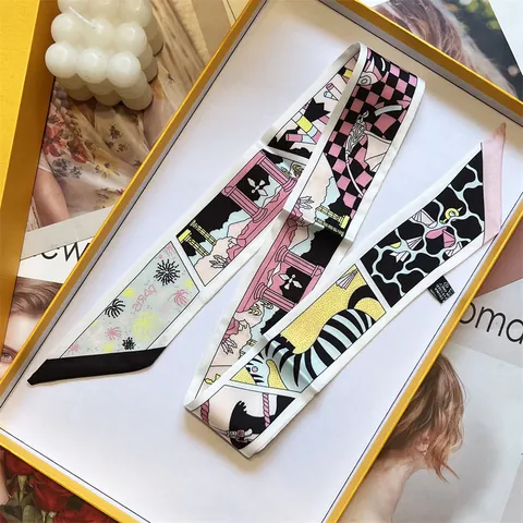 Pañuelo de Satén Estrecho Largo para Mujer Estampado de París Twilly Diadema de Pelo Cinta para Asa de Bolso Bufanda Decorativa