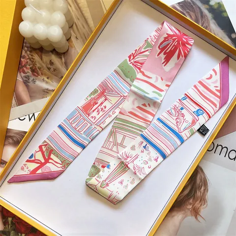 Satin Narrow Long Scarf For Women Artistic Illustration Printed Hair Band Bag Ribbon Chic Neck Tie Scarf Fashion Decorative Accessory