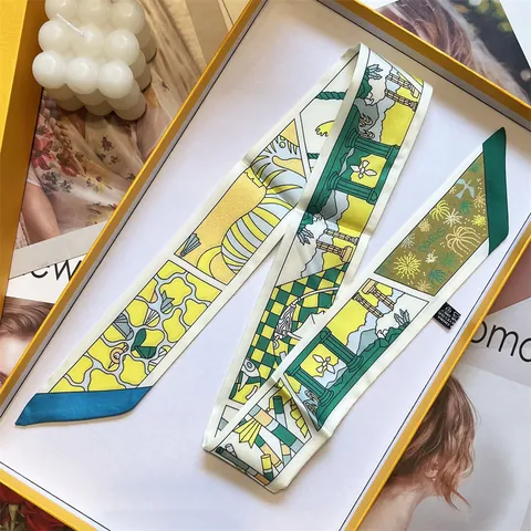 Pañuelo de Satén Estrecho Largo para Mujer Estampado de París Twilly Diadema de Pelo Cinta para Asa de Bolso Bufanda Decorativa