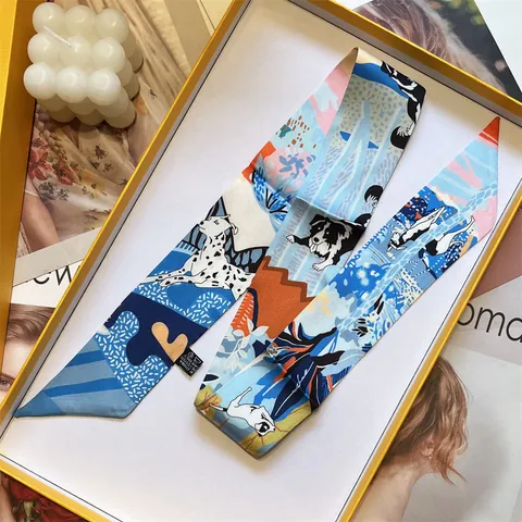 Women Satin Skinny Scarf Animal Dog Illustration Print Twilly For Handbag Hair Band Neck Tie Fashion Decorative Ribbon Scarf Gift