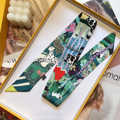 Women Satin Skinny Scarf Animal Dog Illustration Print Twilly For Handbag Hair Band Neck Tie Fashion Decorative Ribbon Scarf Gift