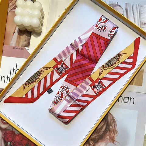Women Satin Skinny Scarf Twilly Double Sided Print Silk Feeling Narrow Neck Tie Hair Band Bag Handle Ribbon Accessory