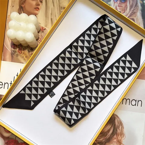 Triangle Geometric Pattern Satin Narrow Long Scarf For Women Handbag Handle Ribbon Necktie Hair Band Fashion Accessory
