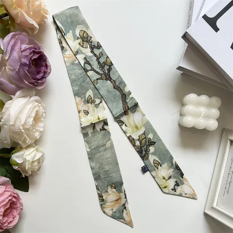 Franse Vintage Magnolia Print Satijn Smalle Sjaal Vrouwen Elegante Halssjaal Haar Lint Tas Handvat Wrap Lint Accessoires