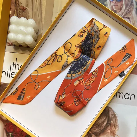 Vintage Barok Satijn Twilly Sjaal Voor Vrouwen Luxe Ketting Sleutel Kwastje Print Nek Haar Sjaal Tas Handvat Wrap