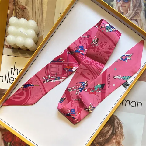 Pañuelo Estrecho Twilly de Satén con Estampado de Ilustración de París Vintage Francés para Mujer Diadema Mango de Bolso