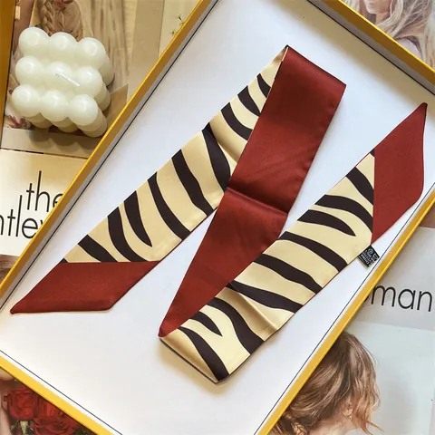 Women Fashion Satin Twilly Scarf Zebra Print Geometric Color Block Narrow Hair Band Bag Handle Decorative Ribbon Scarf For Women