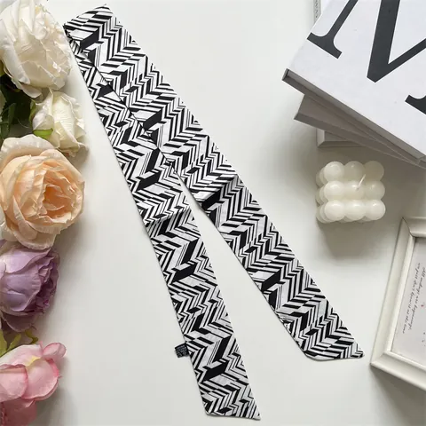 Elegant Satin Skinny Scarf For Women Black White Geometric Pattern Ribbon Bag Handle Wrap Hair Streamer Fashion Neck Tie