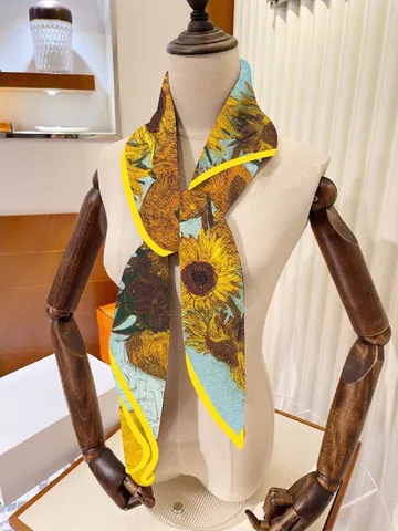 Van Gogh Sunflowers Oil Painting Print Square Scarf Women Satin Artistic Neck Wrap Shawl Elegant Floral Fashion Accessory